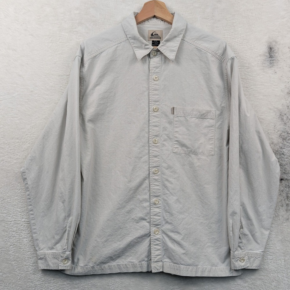 VTG Quiksilver Button Down Shirt Men's L Tan Micro Check Relaxed Surf Skater Y2K